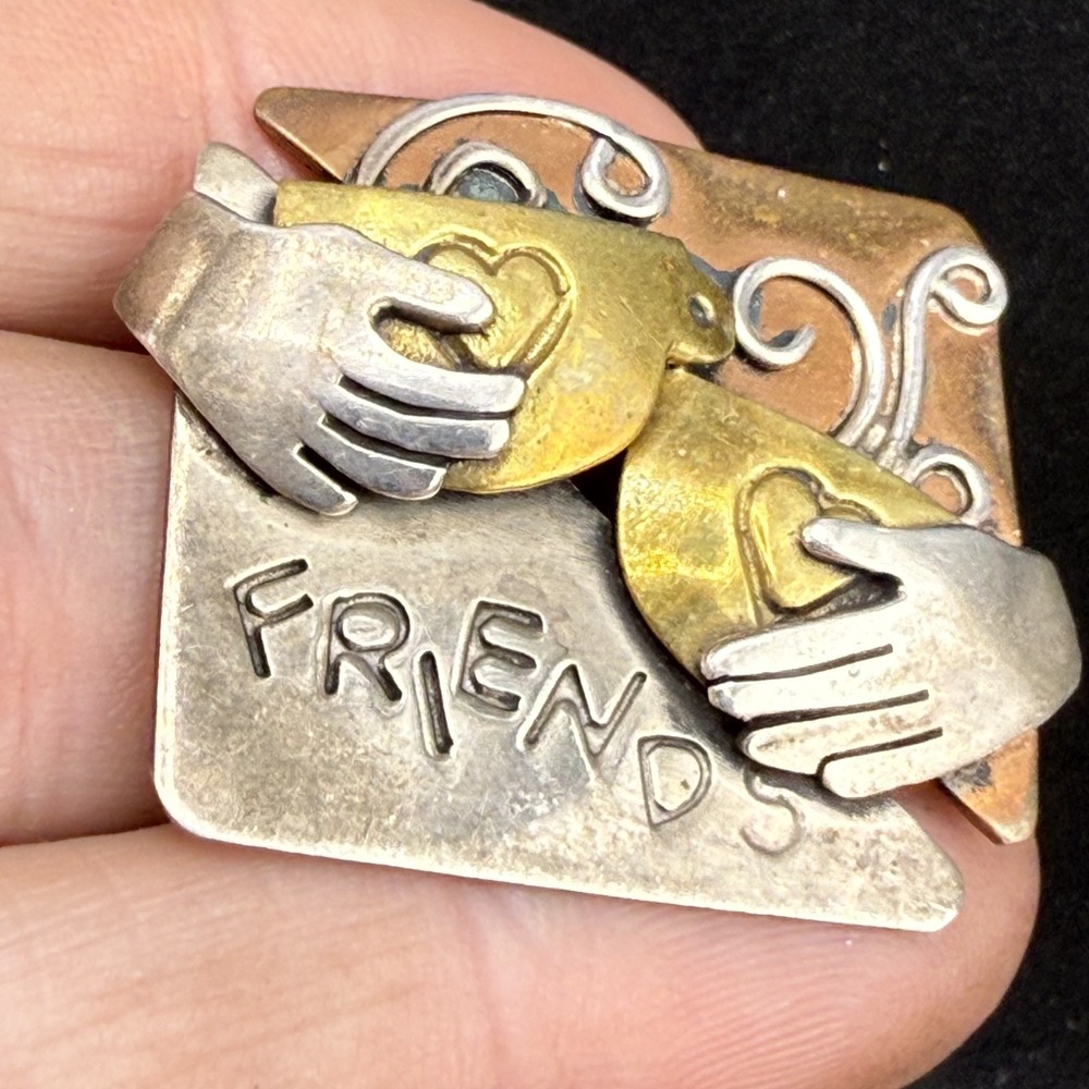 Vintage Far Fetched Brooch Friends Friendship‎ Mixed Metals Signed